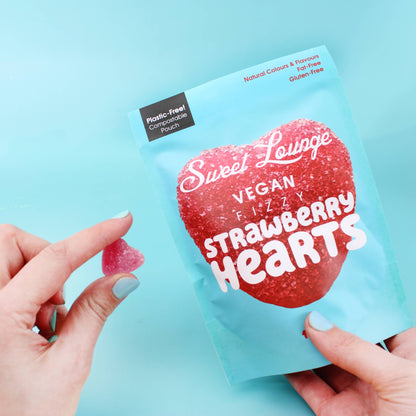 Vegane Fizzy Strawberry Hearts (Plastikfrei) 130g